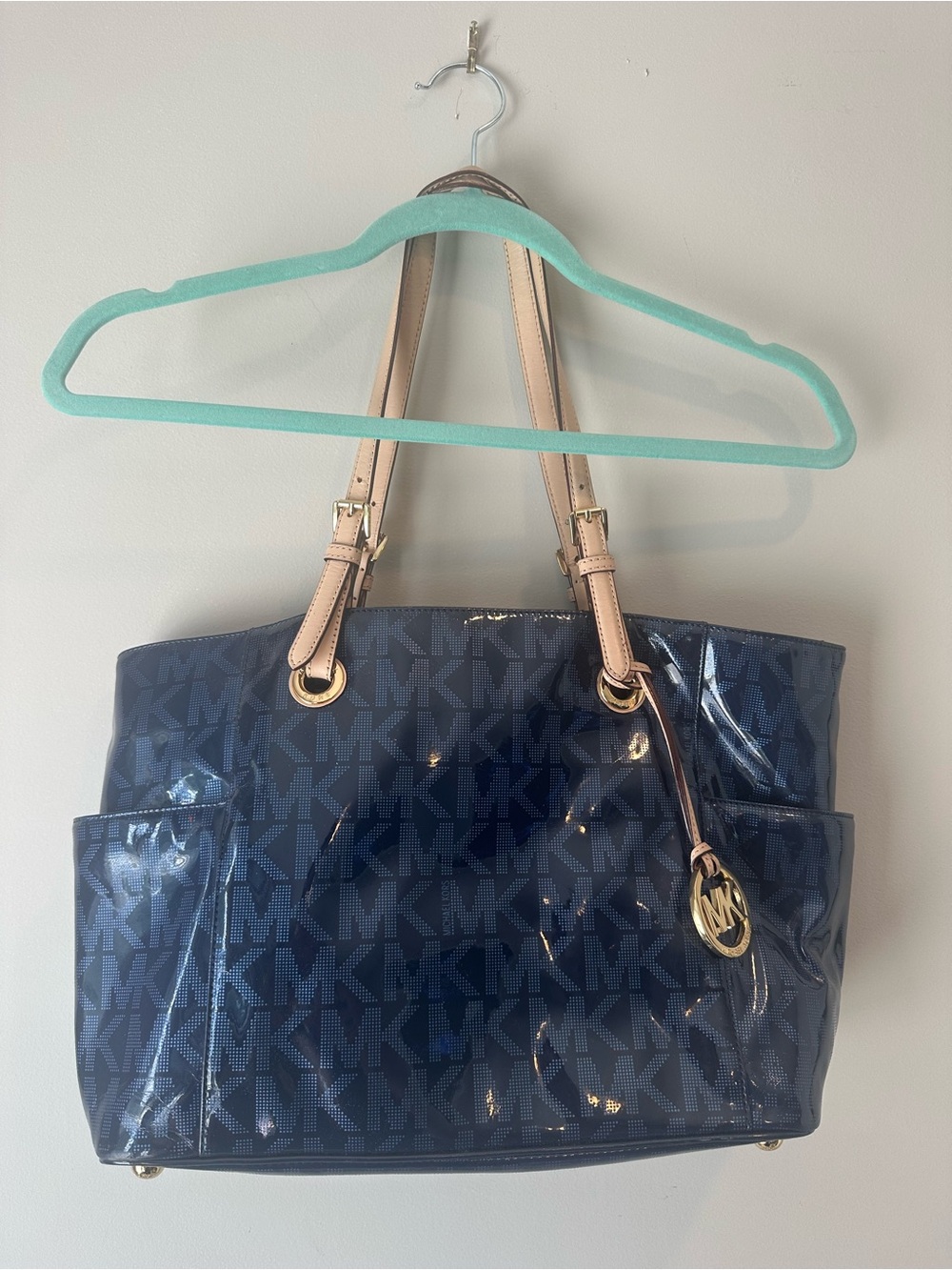 Michael Kors Navy Patent MK Logo Tote with Tan Straps